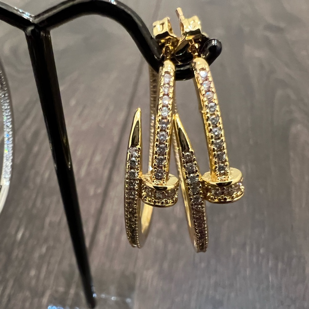 18K Yellow gold plated Nail inside/outside cubic zirconia hoop earrings 35mm